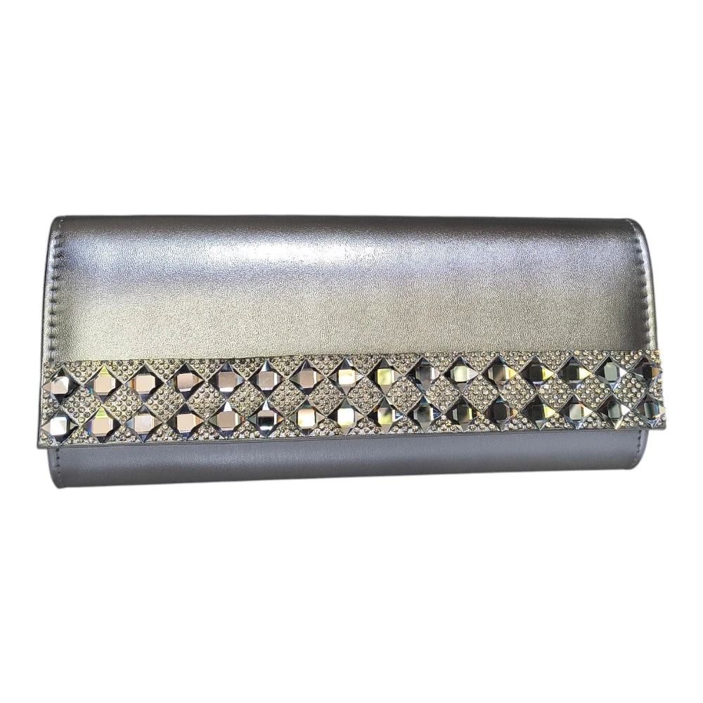 Geantă plic 671 elegantă argintie cu pietre decorative