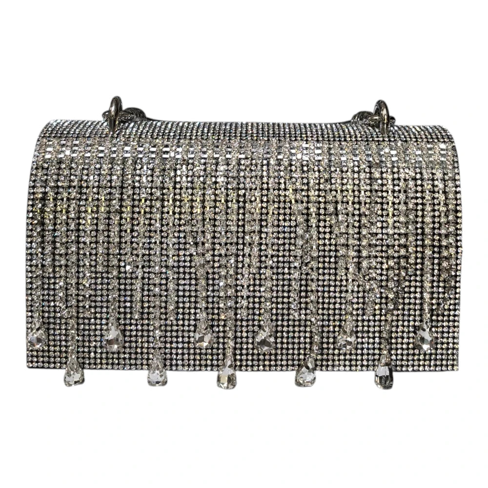 Geantă elegantă 719 argintie cu strasuri și pietre decorative