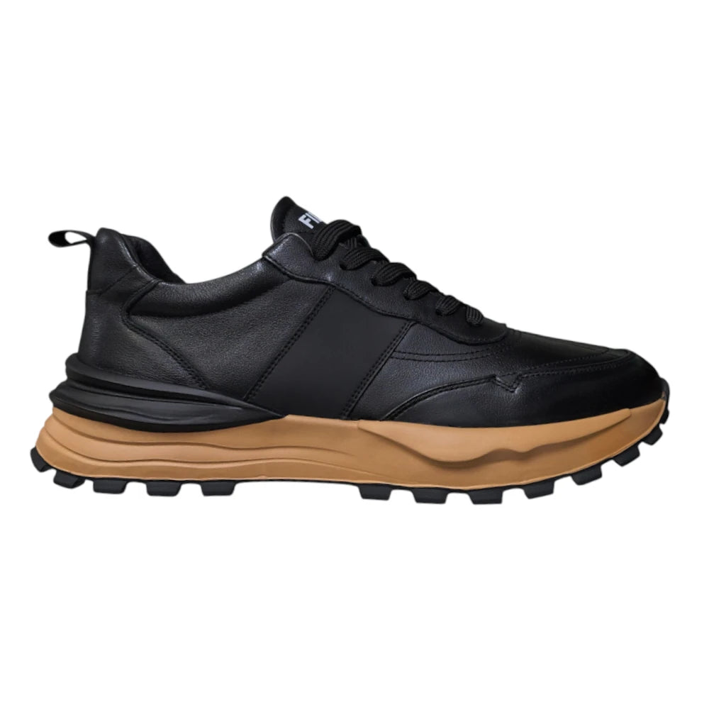 Pantofi sport din piele naturală 932 negri cu talpă maro