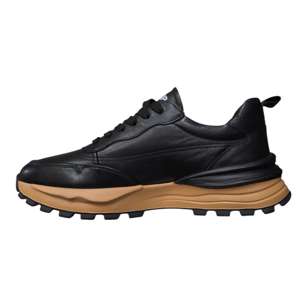 Pantofi sport din piele naturală 932 negri cu talpă maro