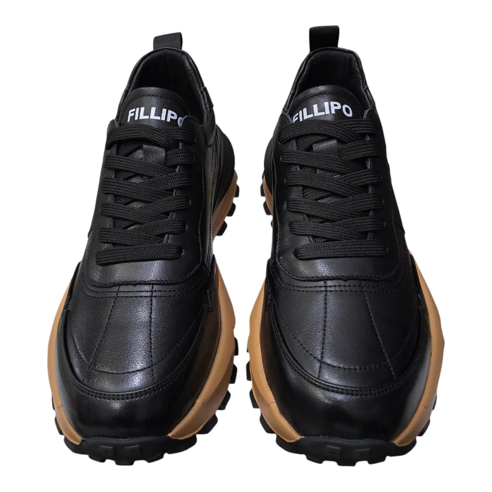 Pantofi sport din piele naturală 932 negri cu talpă maro