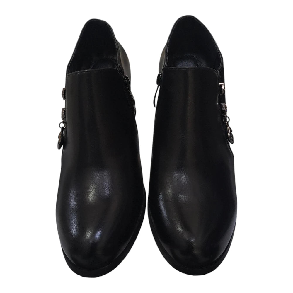 Pantofi damă negri cu toc bloc și ornament lateral A02