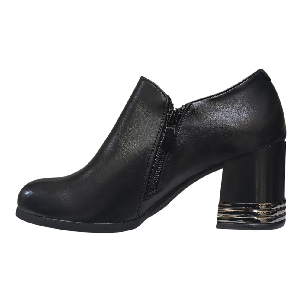 Pantofi damă negri cu toc bloc și ornament lateral A02