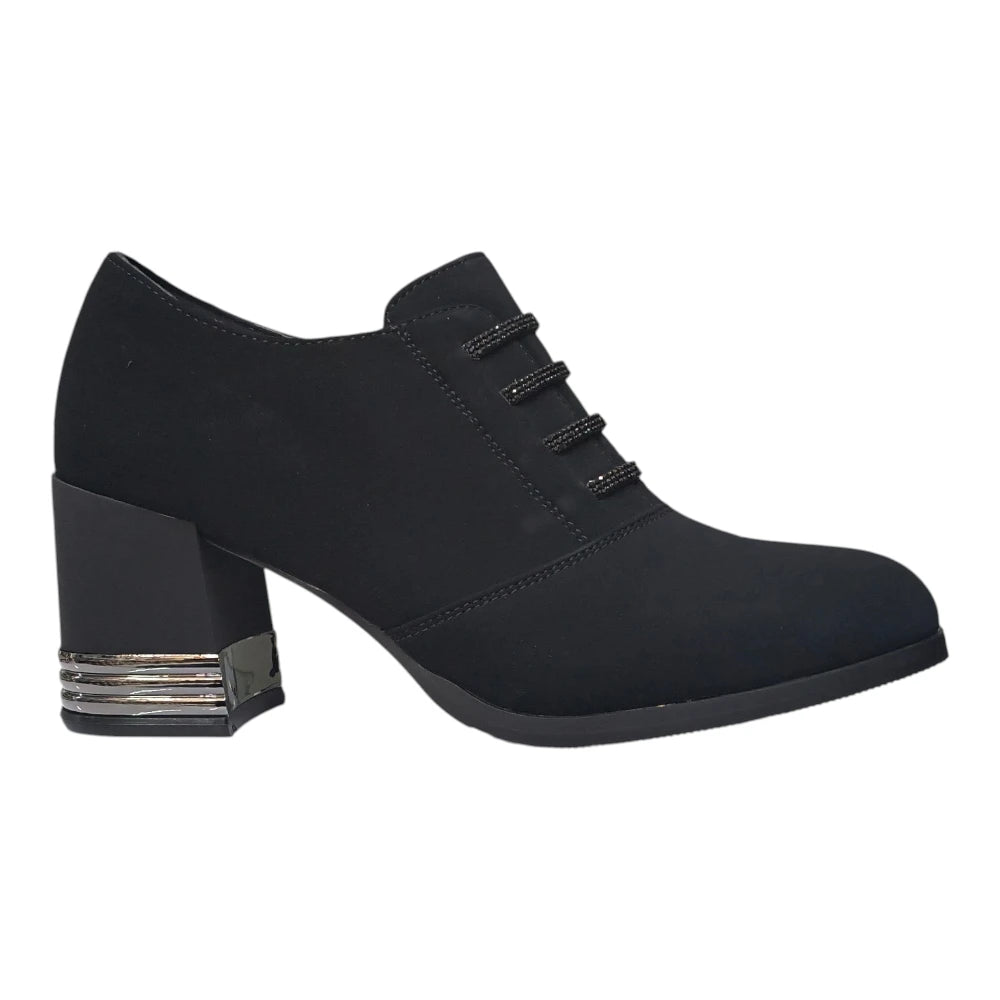 Pantofi damă negri cu șireturi decorative și  toc gros PL-507