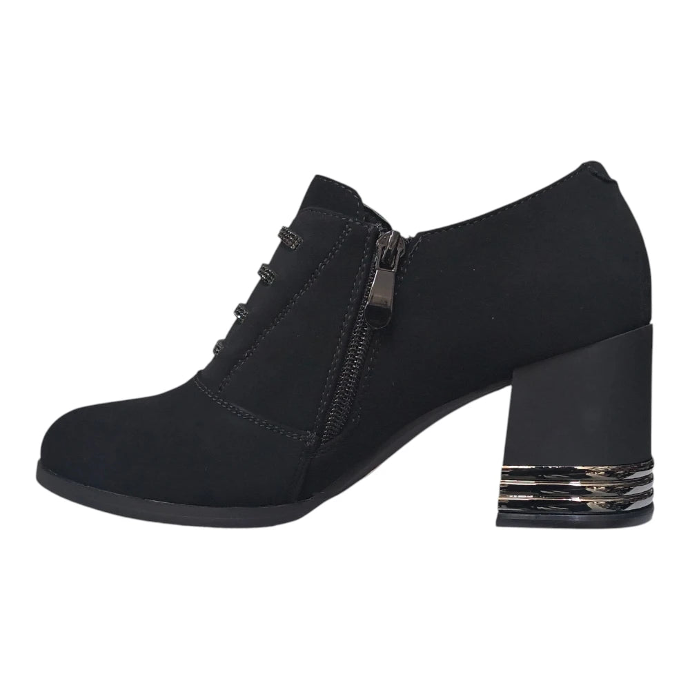 Pantofi damă negri cu șireturi decorative și  toc gros PL-507