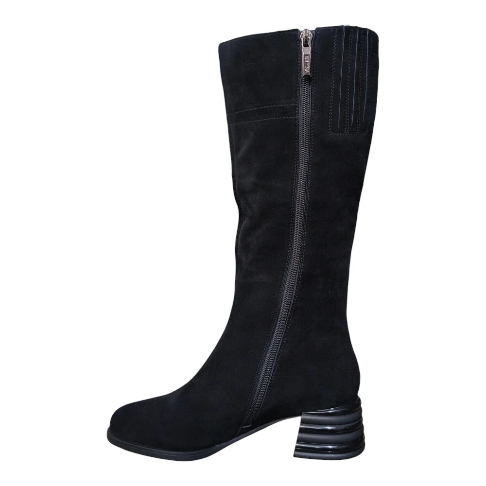 Cizme damă M345-F36 negre cu toc gros și aplicații metalice