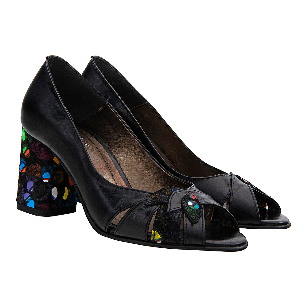 Pantofi eleganti cu varf decupat 521 negru multicolor