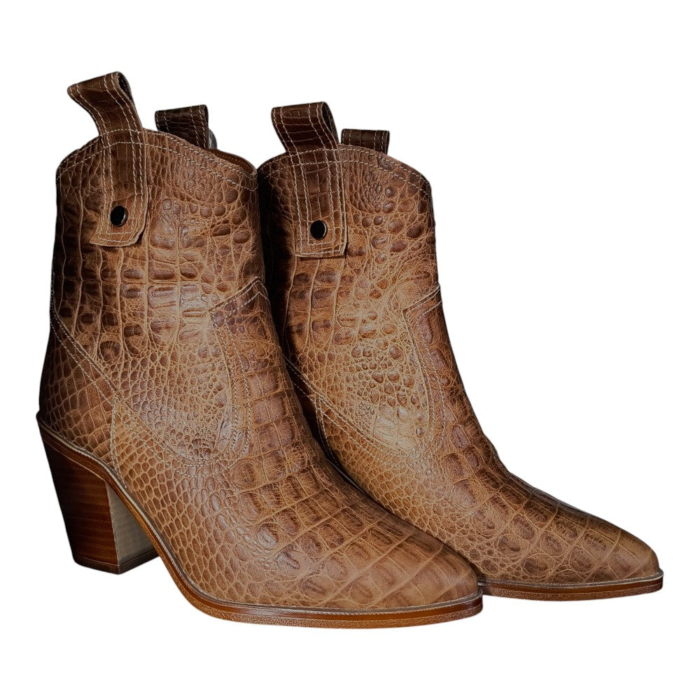 Botine din piele naturală croco 4113 maro