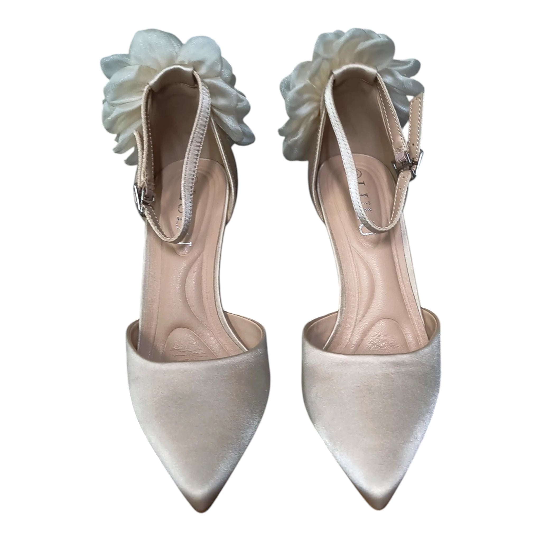 Pantofi bej satin cu floare LU-169