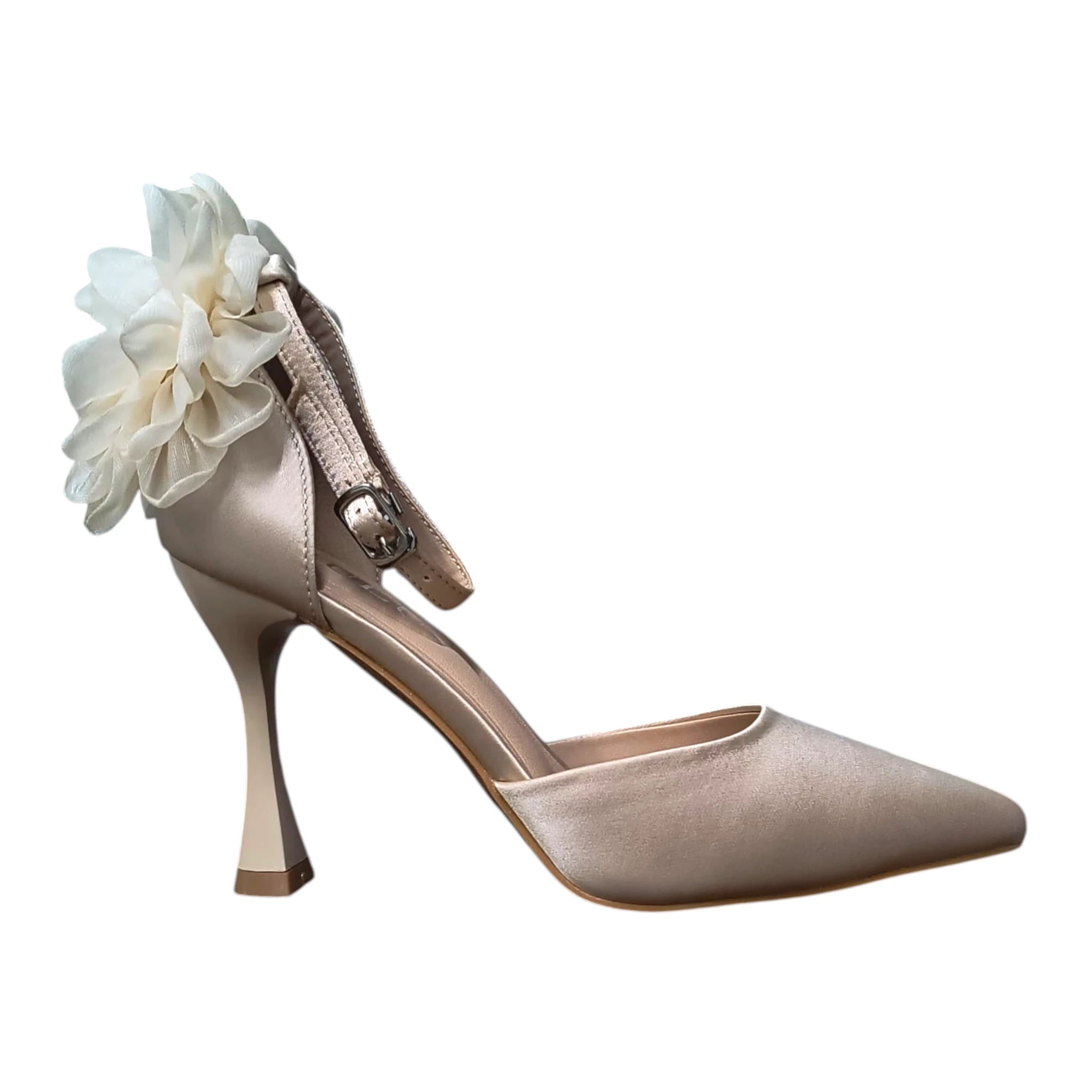 Pantofi bej satin cu floare LU-169