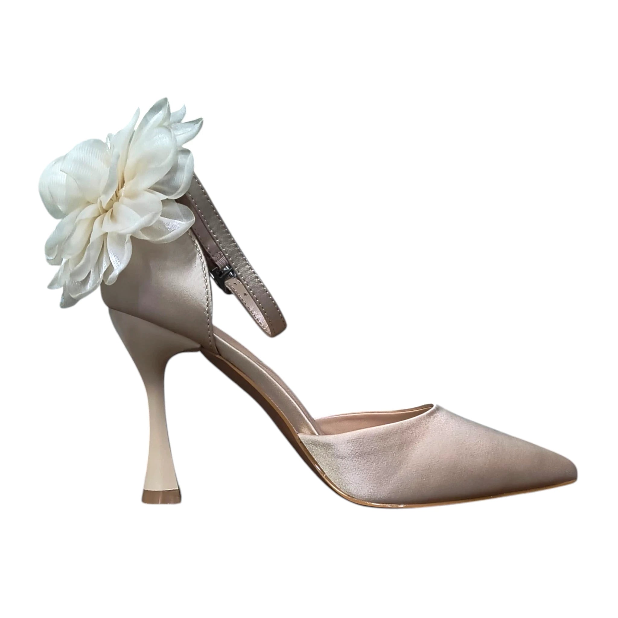 Pantofi bej satin cu floare LU-169