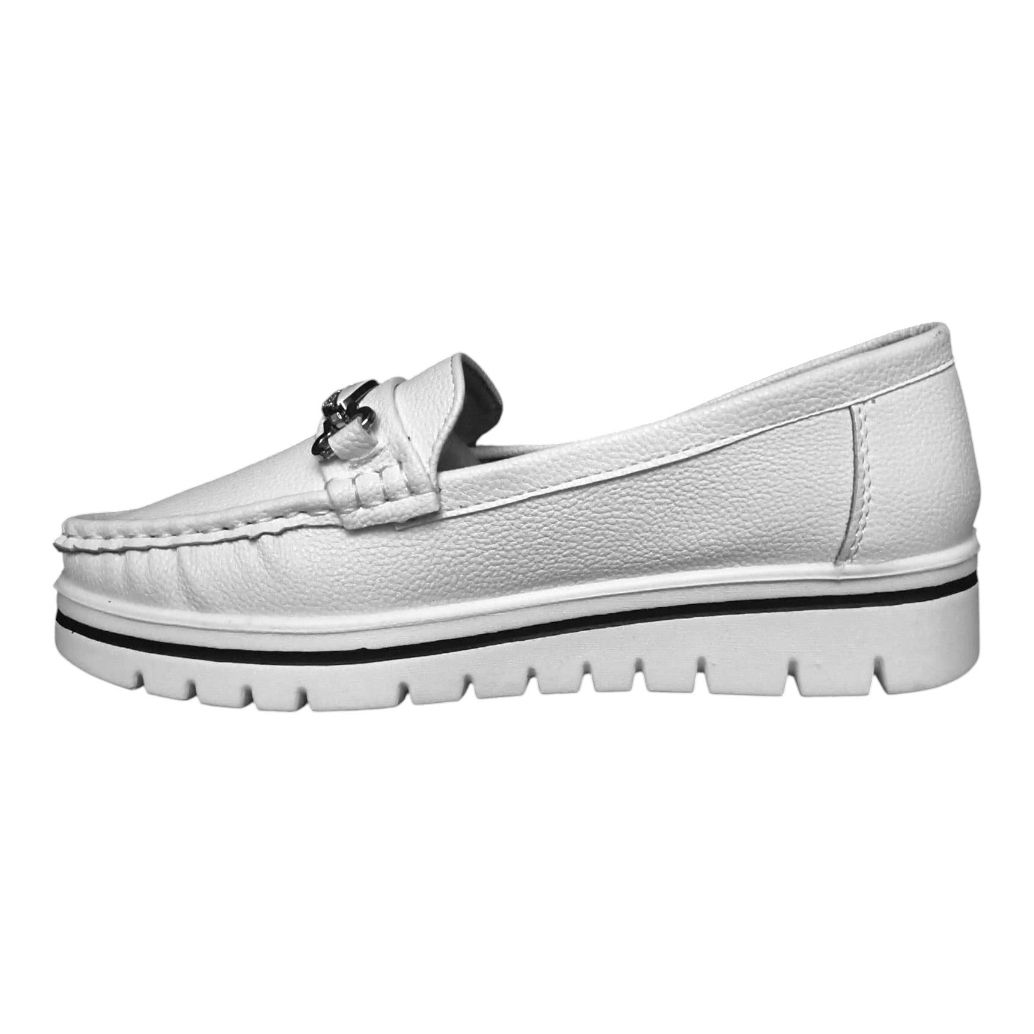 Loafers damă 890-5 albi cu accesoriu metalic