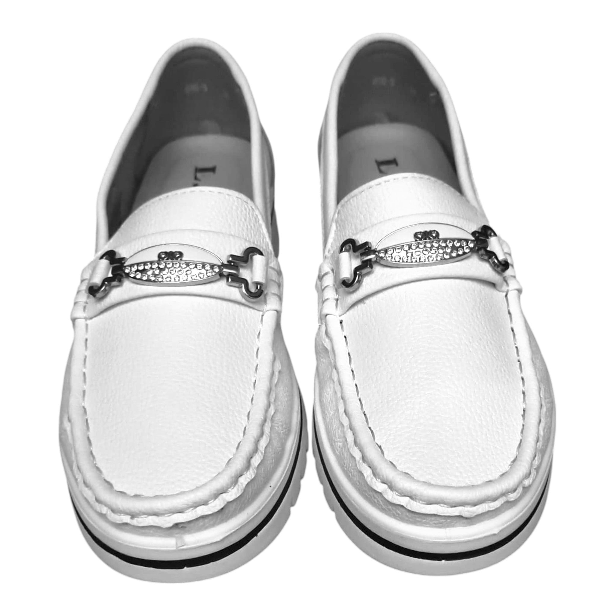 Loafers damă 890-5 albi cu accesoriu metalic