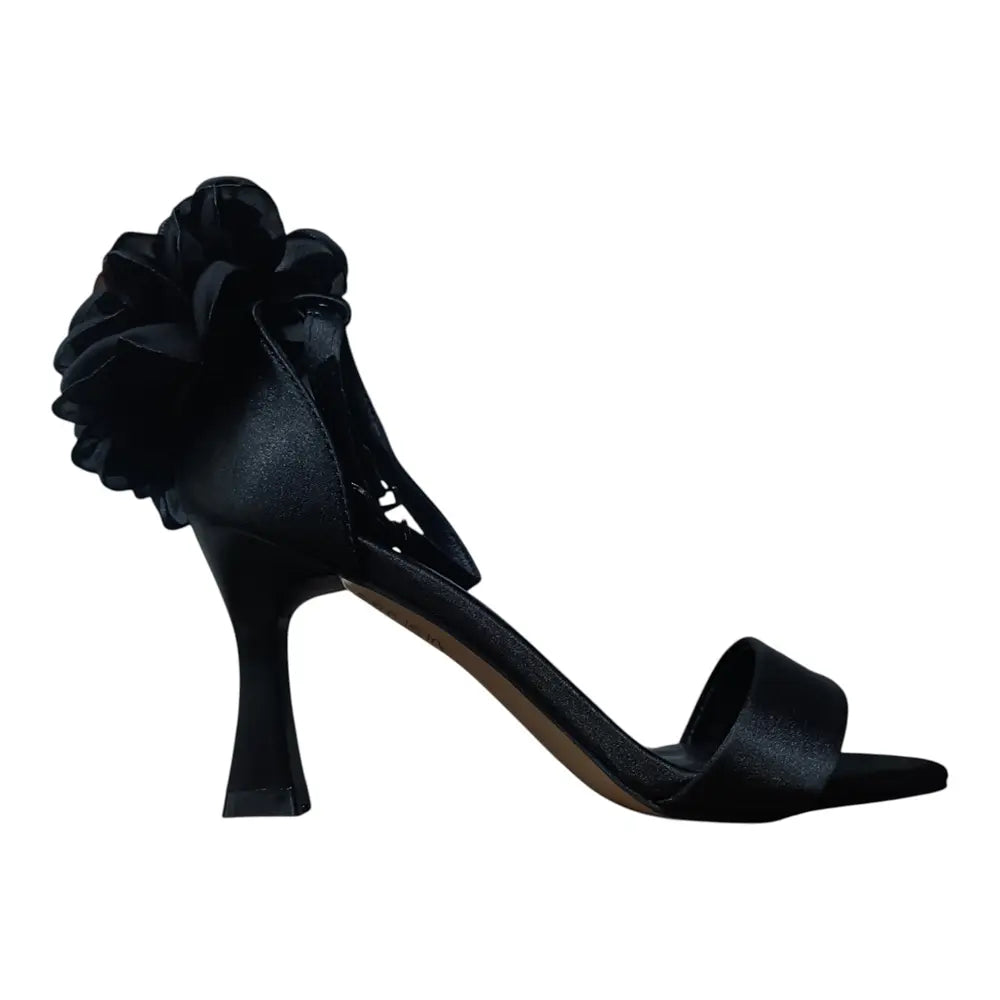 Sandale damă negre cu toc și floare decorativă LU-162