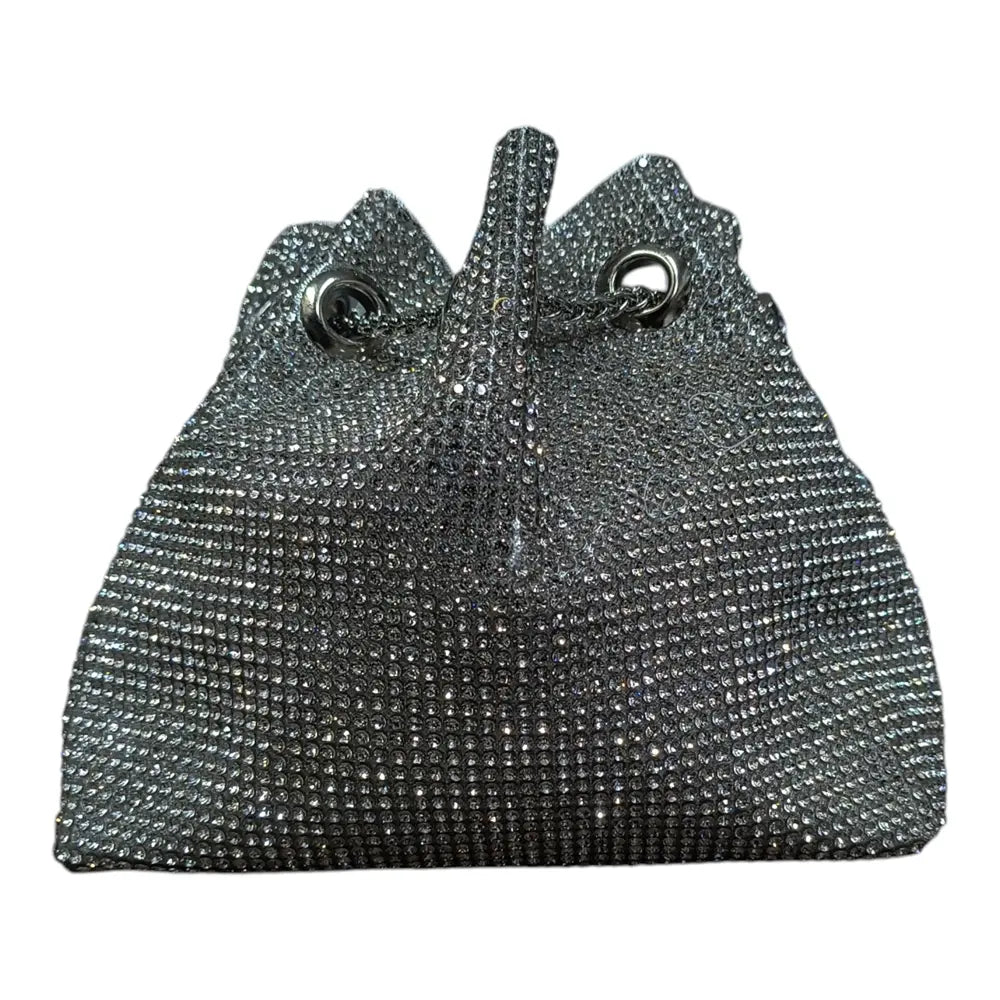 Poșetă de seară argintie 163 cu strasuri și lanț metalic