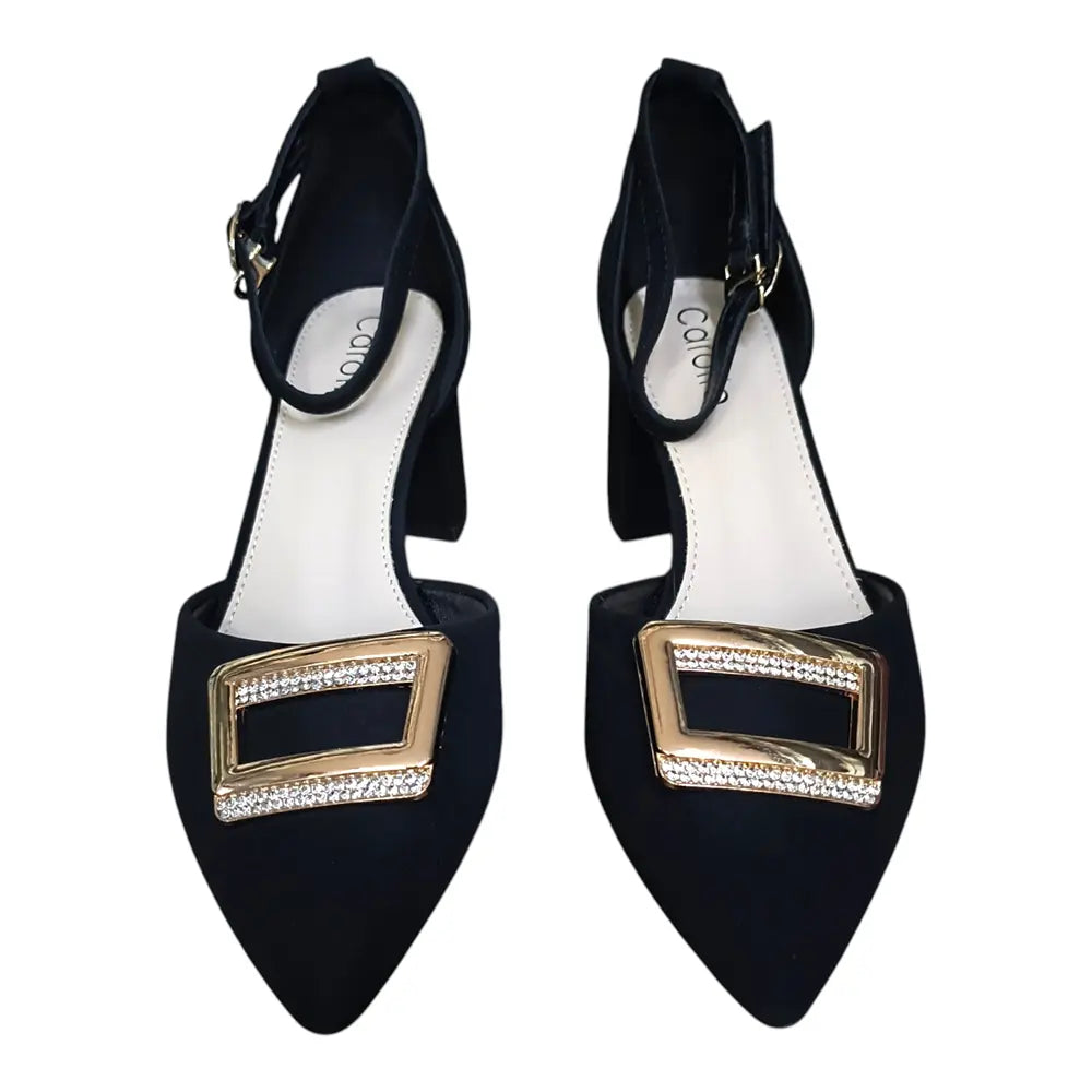 Pantofi negri L158 toc gros și cataramă aurie decorativă