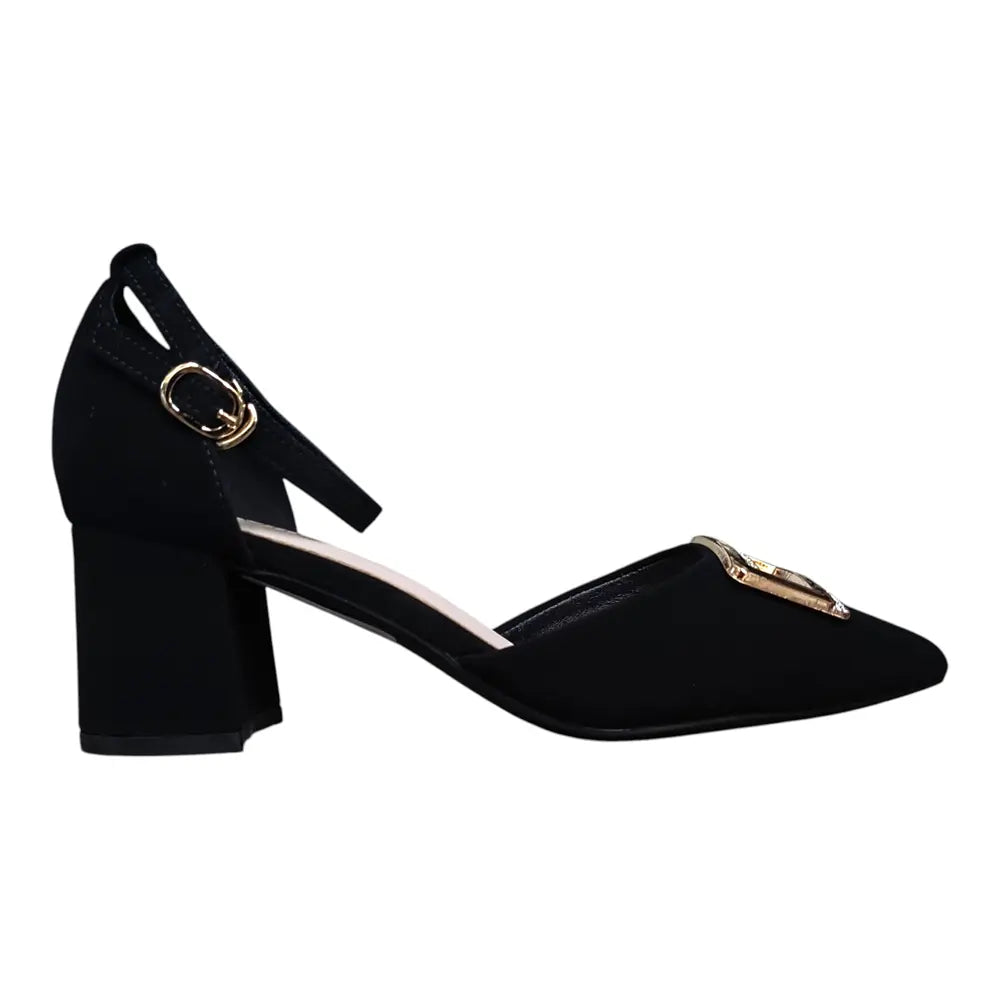 Pantofi negri L158 toc gros și cataramă aurie decorativă