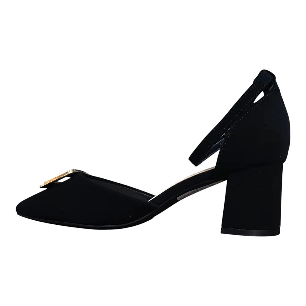 Pantofi negri L158 toc gros și cataramă aurie decorativă