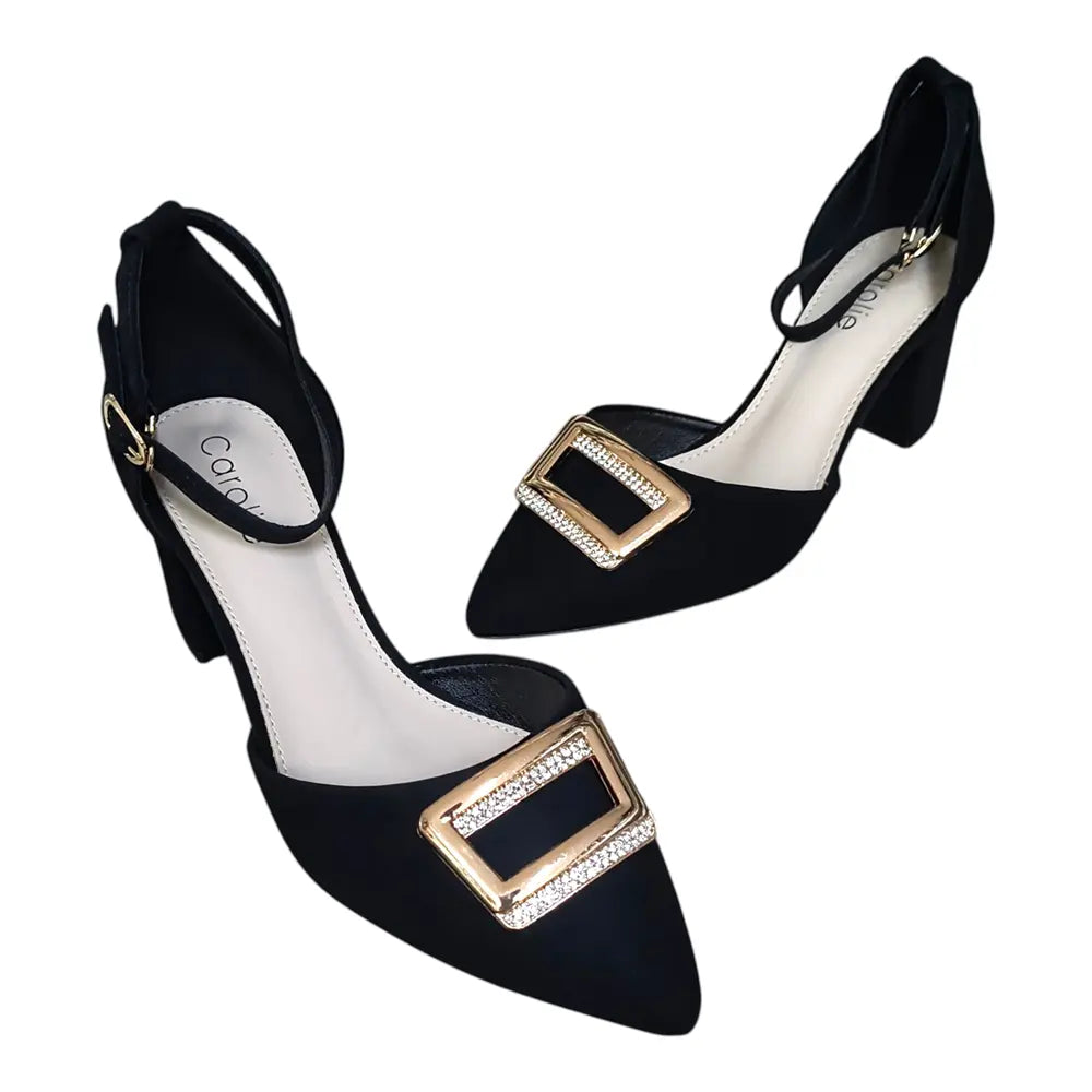 Pantofi negri L158 toc gros și cataramă aurie decorativă