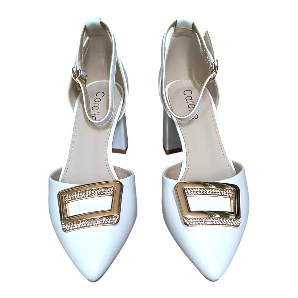 Pantofi albi L158 toc gros și cataramă aurie decorativă