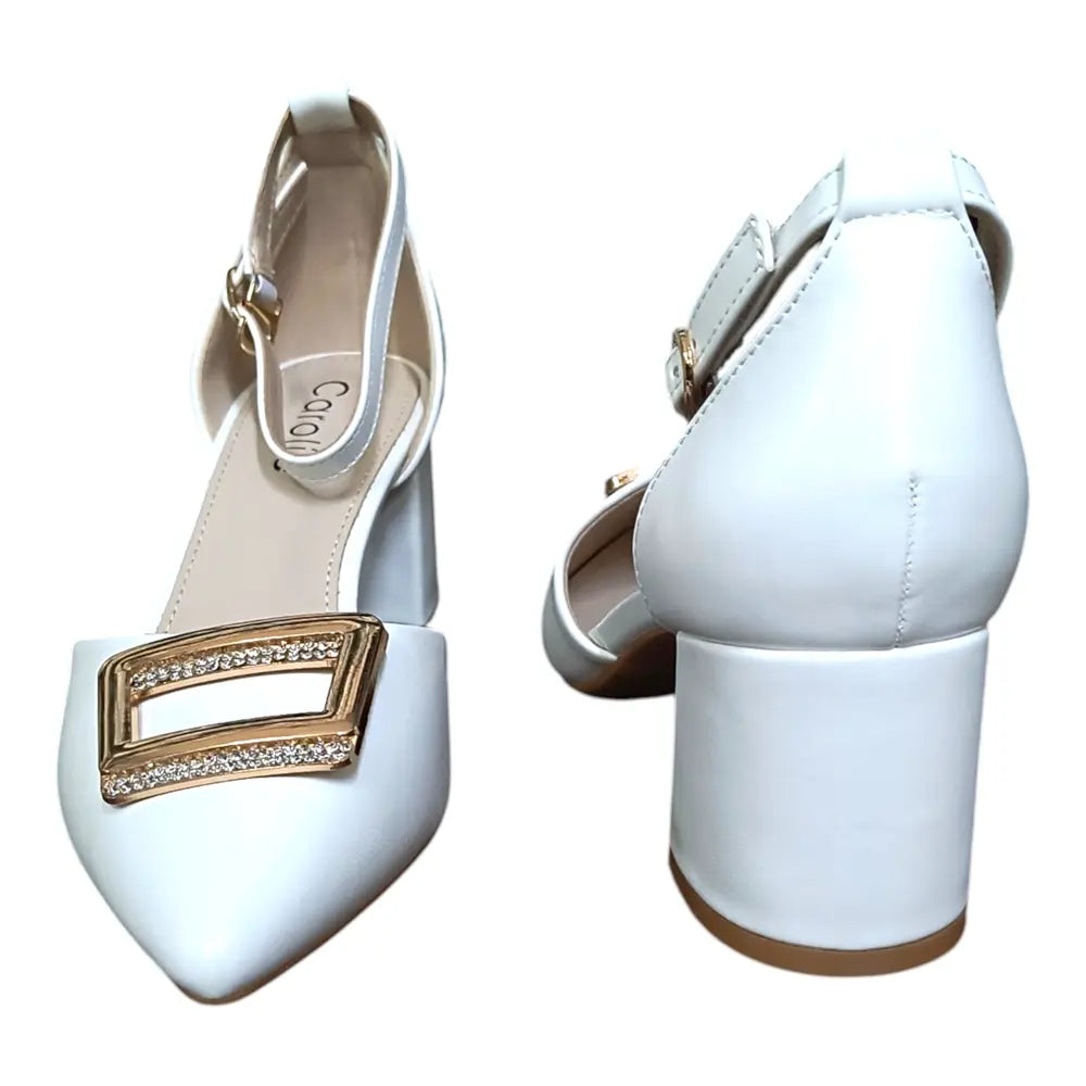 Pantofi albi L158 toc gros și cataramă aurie decorativă