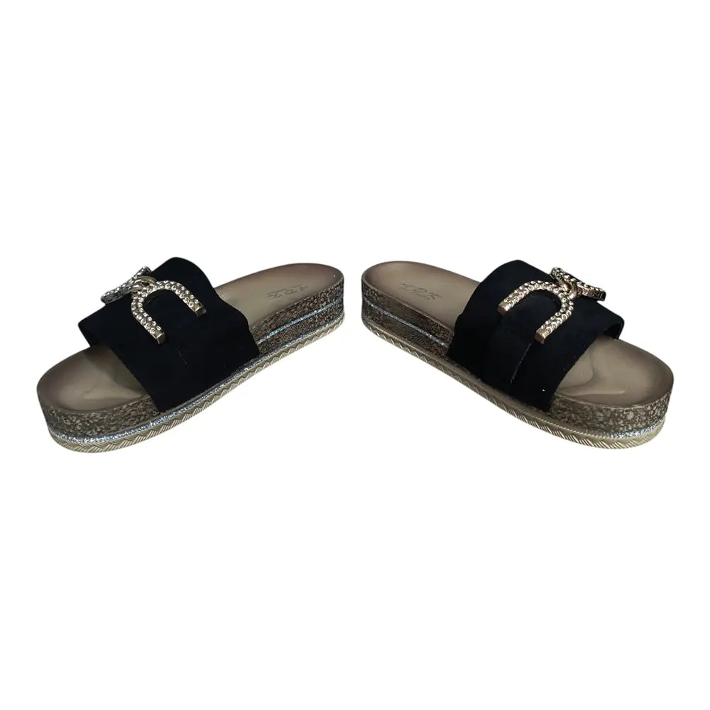 Papuci cu platformă și accesoriu cu strasuri C08 negru