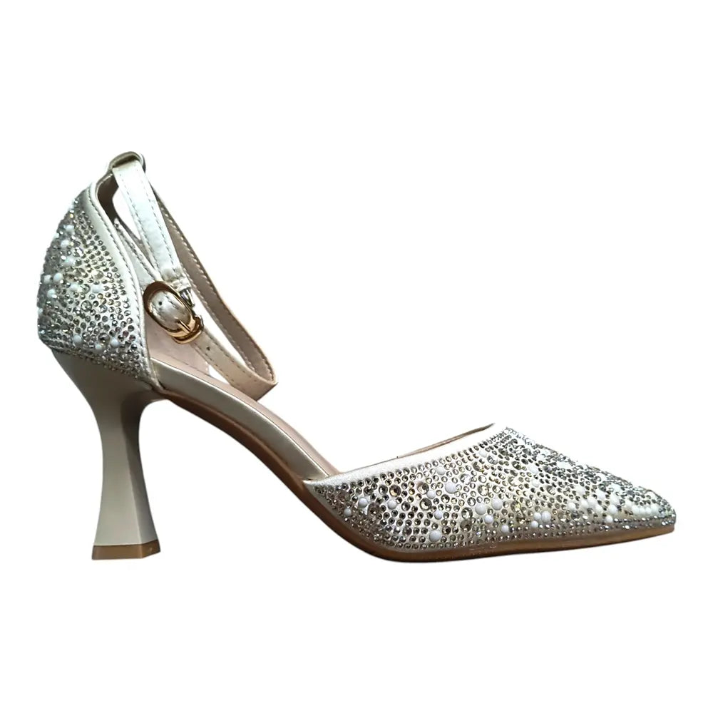 Pantofi eleganți damă aurii cu pietricele și baretă 205
