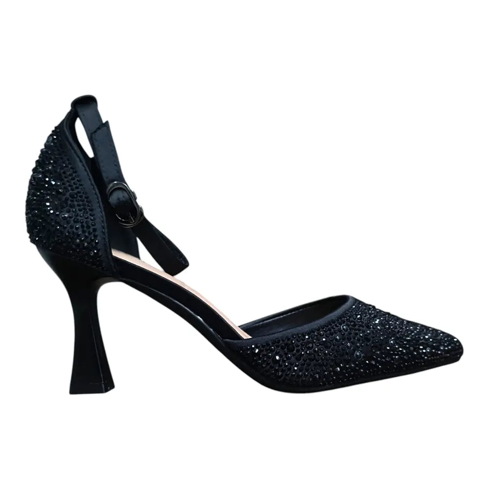 Pantofi eleganți damă negri cu pietricele și baretă 205