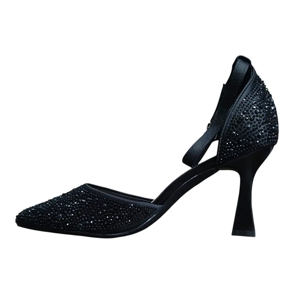 Pantofi eleganți damă negri cu pietricele și baretă 205