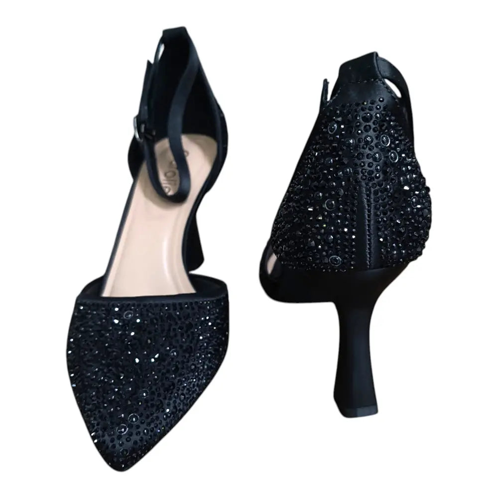 Pantofi eleganți damă negri cu pietricele și baretă 205