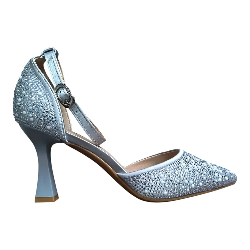 Pantofi eleganți damă argintii cu pietricele și baretă 205