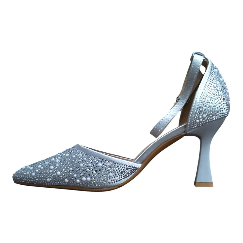 Pantofi eleganți damă argintii cu pietricele și baretă 205