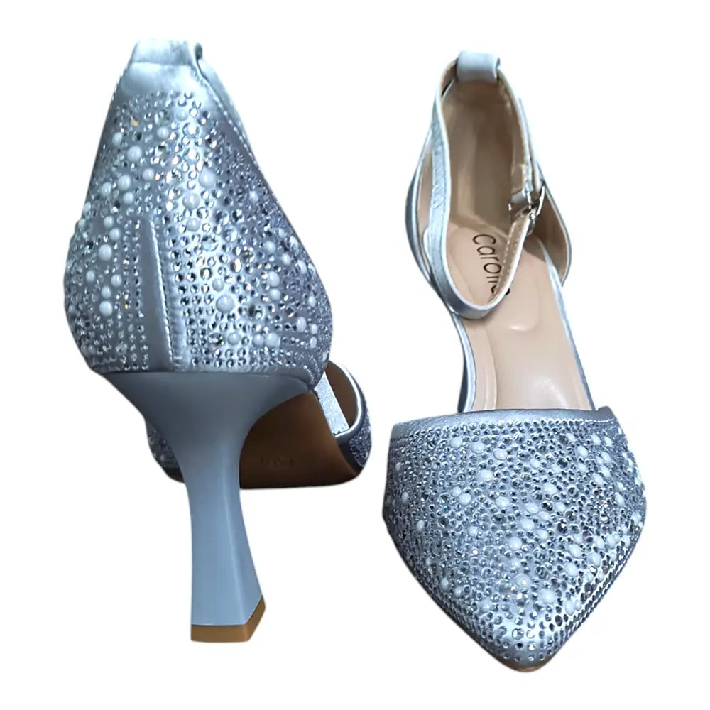 Pantofi eleganți damă argintii cu pietricele și baretă 205