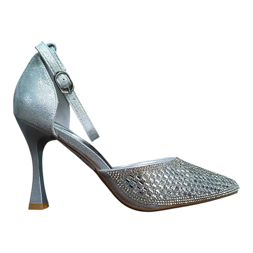 Pantofi eleganți damă argintii cu ștrasuri 026