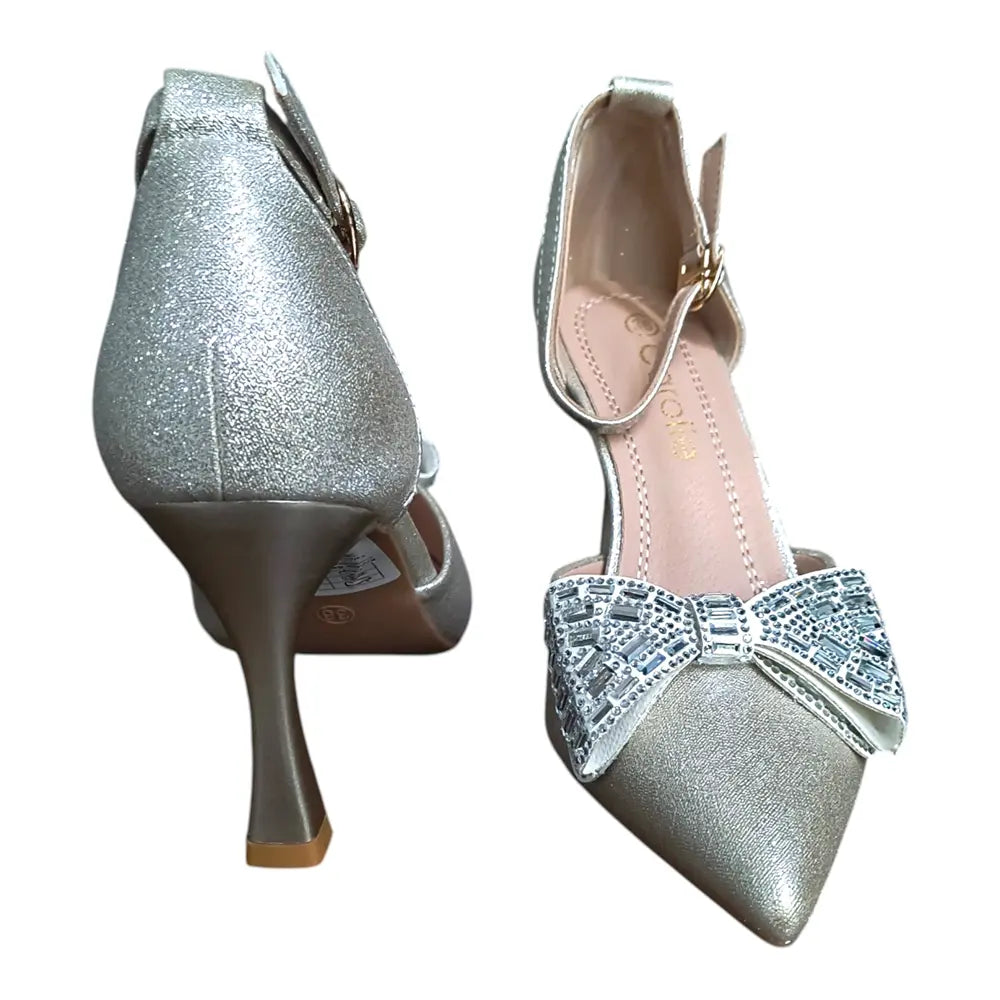 Pantofi eleganți damă aurii cu fundă decorativă 036