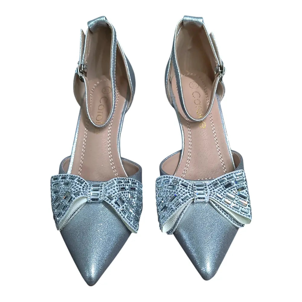 Pantofi eleganți damă argintii cu fundă decorativă 036