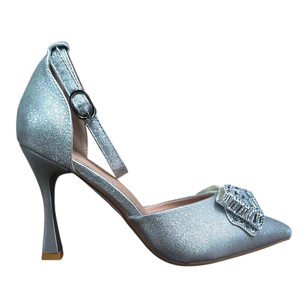 Pantofi eleganți damă argintii cu fundă decorativă 036