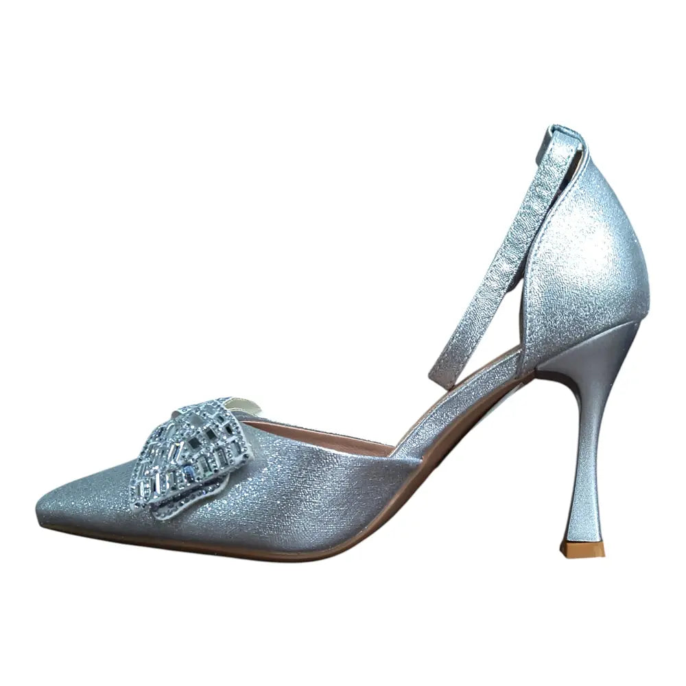 Pantofi eleganți damă argintii cu fundă decorativă 036