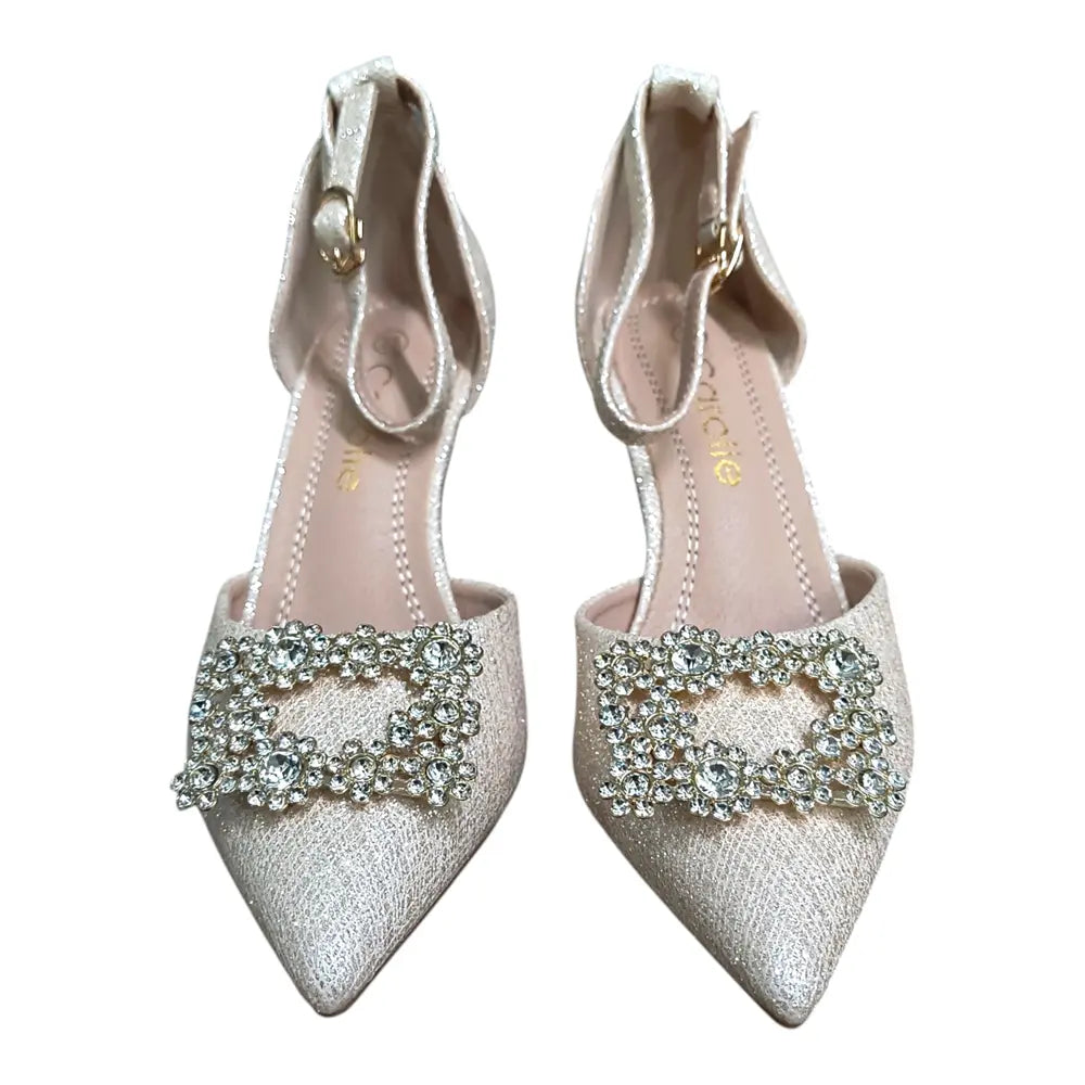 Pantofi eleganți damă aurii cu cataramă decorativă 038