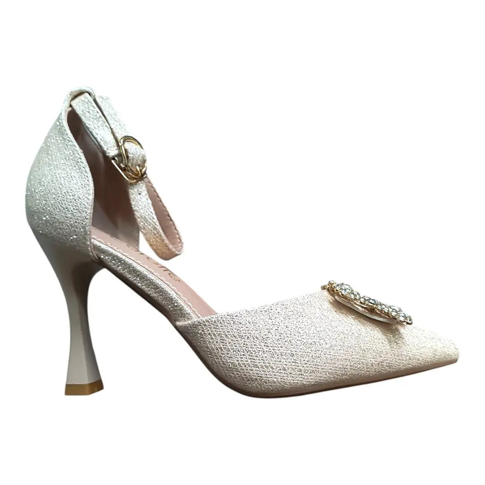 Pantofi eleganți damă aurii cu cataramă decorativă 038