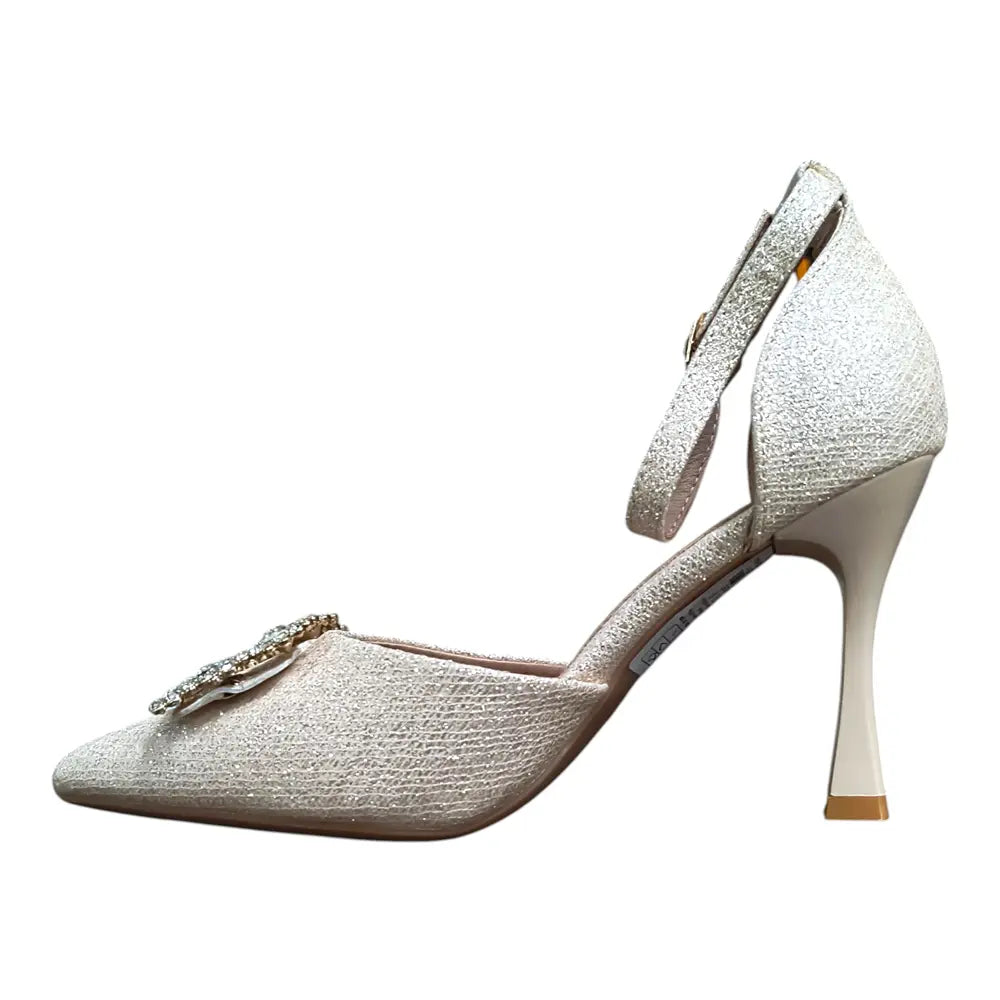 Pantofi eleganți damă aurii cu cataramă decorativă 038