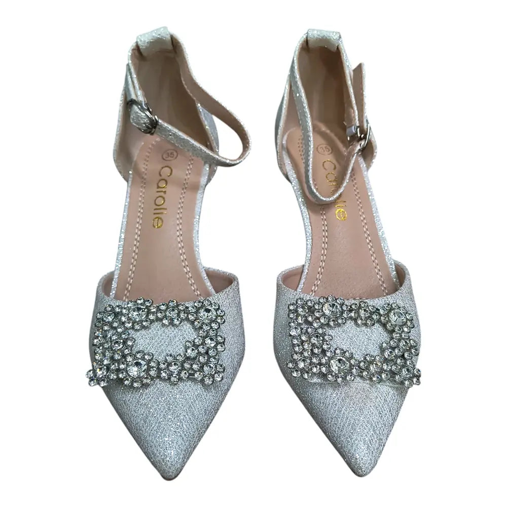 Pantofi eleganți damă argintii cu cataramă decorativă 038