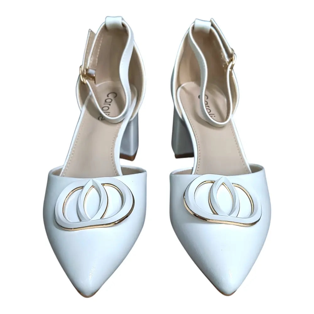 Pantofi eleganți albi cu ornament auriu 160