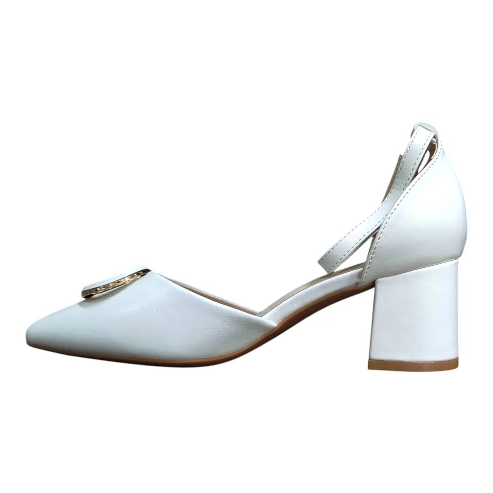 Pantofi eleganți albi cu ornament auriu 160