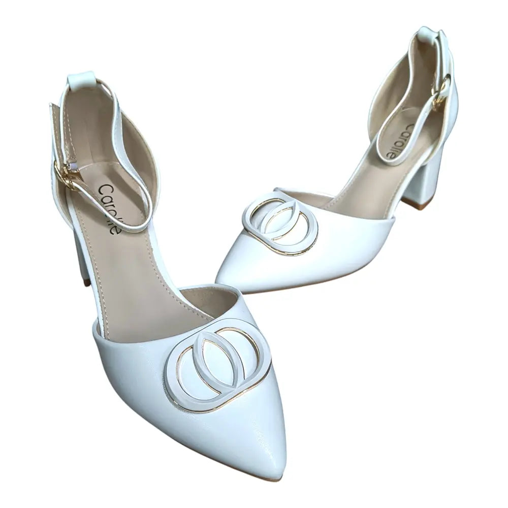 Pantofi eleganți albi cu ornament auriu 160