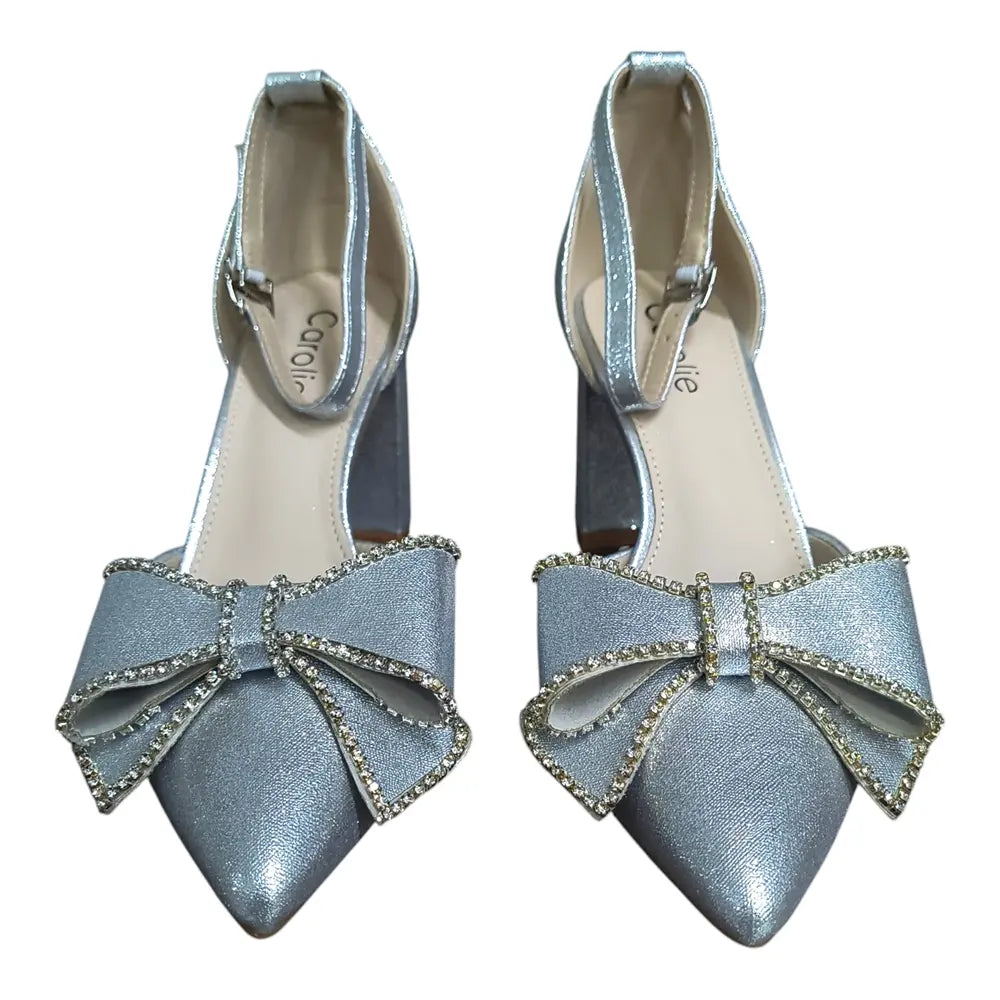 Pantofi argintii cu toc gros și fundă decorativă L175
