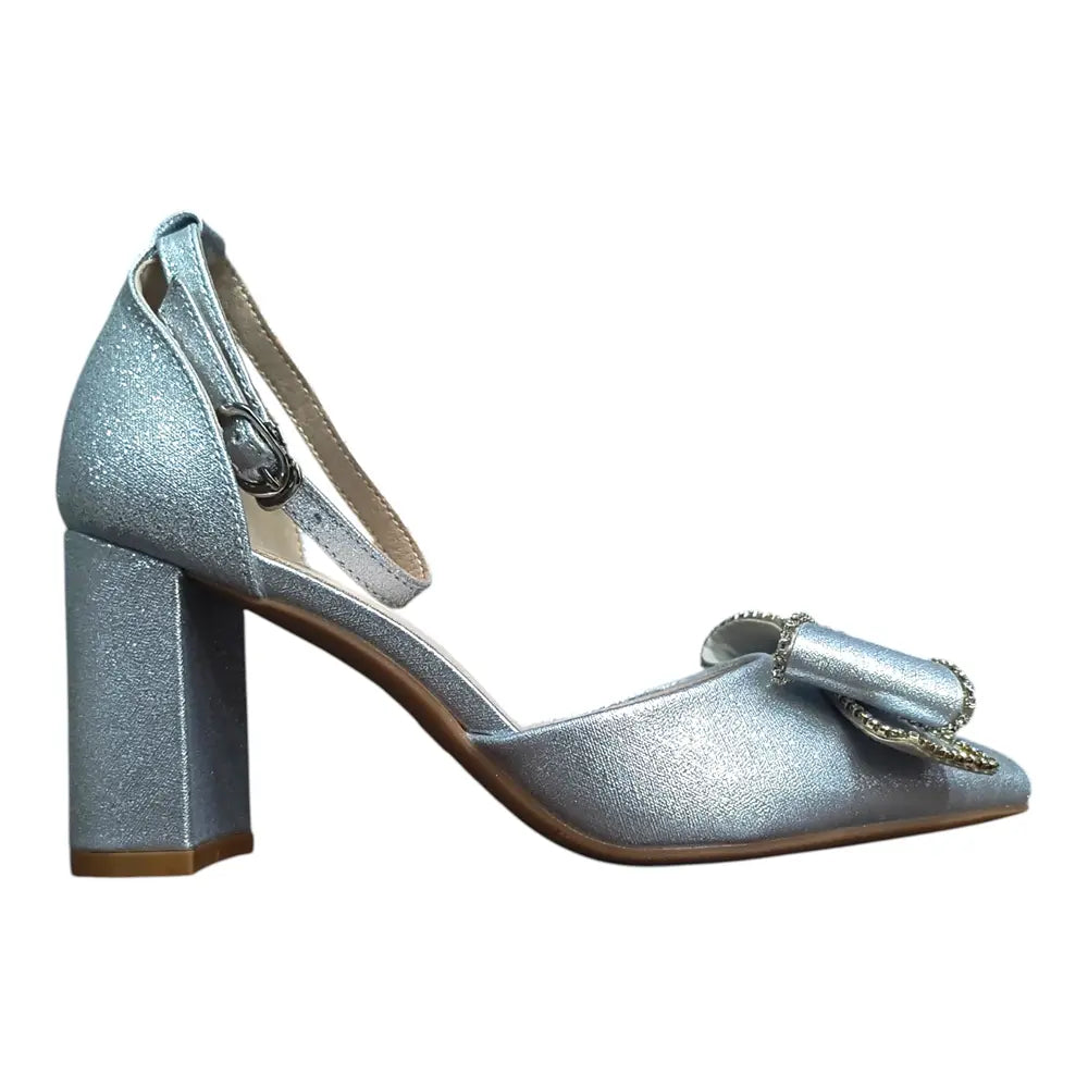 Pantofi argintii cu toc gros și fundă decorativă L175
