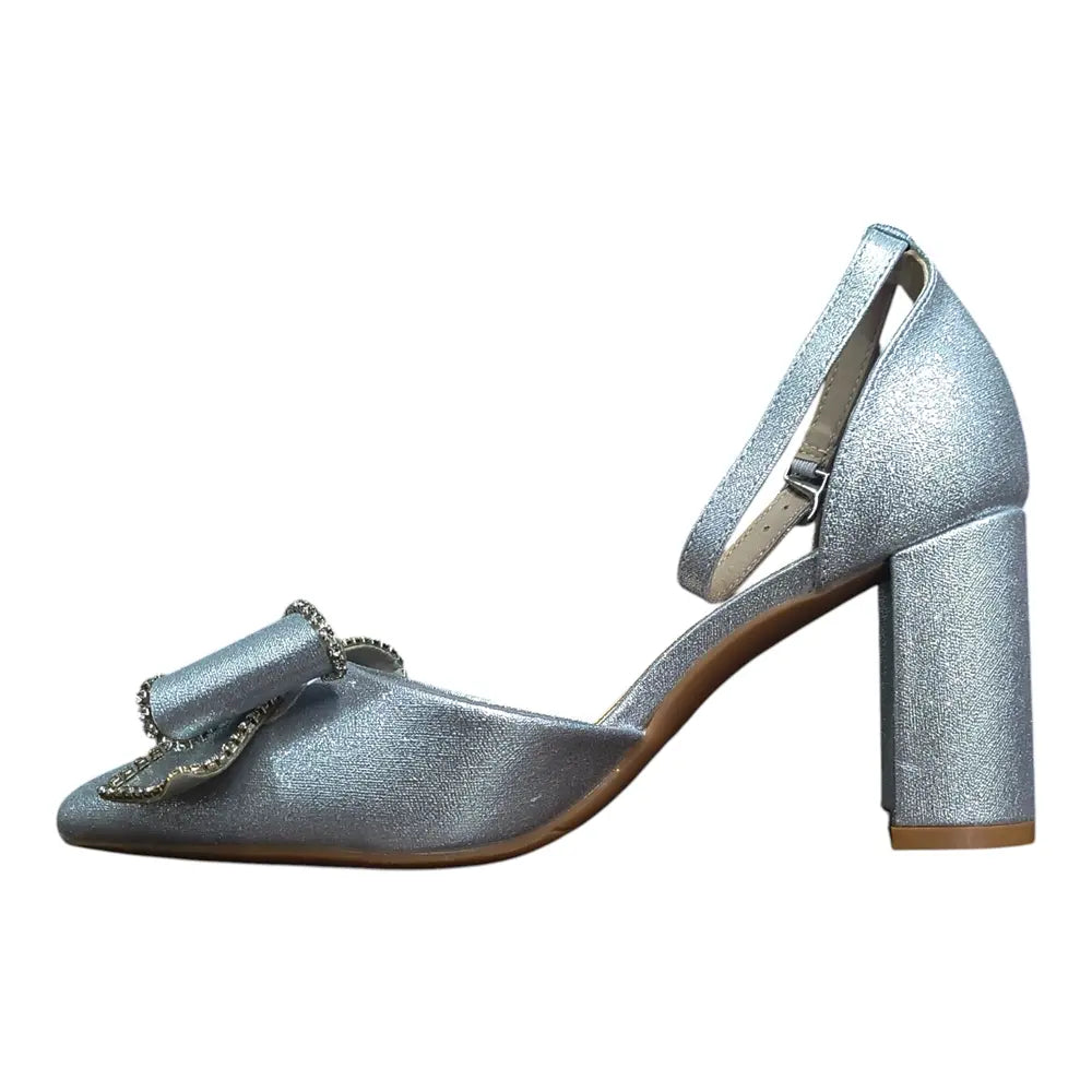 Pantofi argintii cu toc gros și fundă decorativă L175