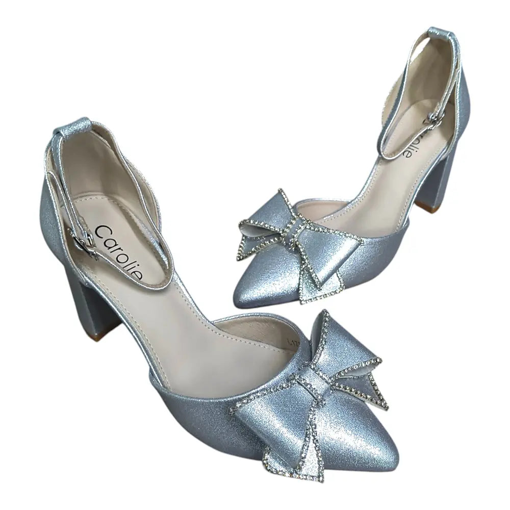 Pantofi argintii cu toc gros și fundă decorativă L175